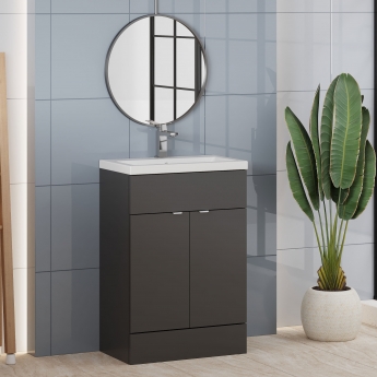 Hudson Reed Fusion Floor Standing Vanity Unit with Ceramic Basin 600mm Wide - Gloss Grey