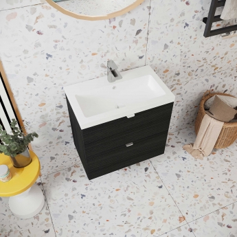 Hudson Reed Fusion Wall Hung 2-Drawer Vanity Unit with Ceramic Basin 600mm Wide - Charcoal Black Woodgrain