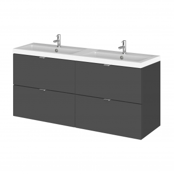 Hudson Reed Fusion Wall Hung 4-Drawer Vanity Unit with Double Basin 1200mm Wide - Gloss Grey