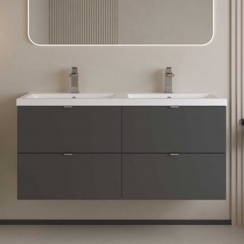 Hudson Reed Fusion Wall Hung 4-Drawer Vanity Unit with Double Ceramic Basin 1200mm Wide - Gloss Grey
