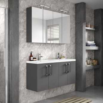 Hudson Reed Fusion Wall Hung 4-Door Vanity Unit with Double Basin 1200mm Wide - Gloss Grey