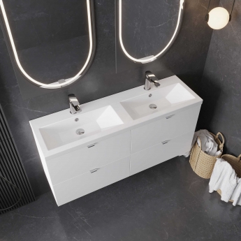 Hudson Reed Fusion Wall Hung 4-Drawer Vanity Unit with Double Ceramic Basin 1200mm Wide - Gloss Grey