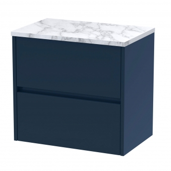 Havana Wall Hung 2-Drawer Vanity Unit with Carrera Marble Worktop 600mm Wide - Midnight Blue | Product Image