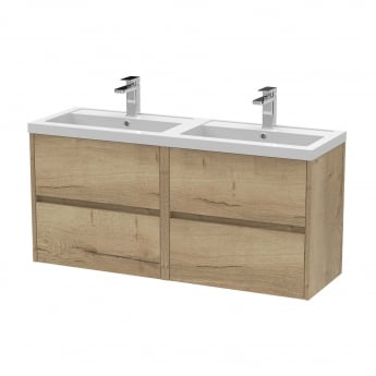 Hudson Reed Havana Wall Hung 4-Drawer Vanity Unit with Double Polymarble Basin 1200mm Wide - Autumn Oak