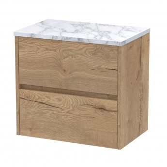 Havana Wall Hung 2-Drawer Vanity Unit with Carrera Marble Worktop 600mm Wide - Autumn Oak | Product Image