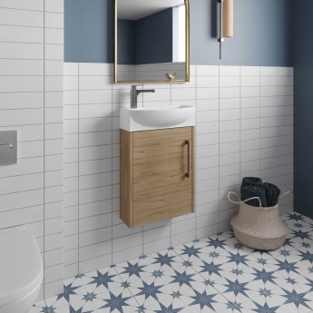 Hudson Reed Juno Compact RH Wall Hung Vanity Unit and Basin 440mm Wide - Autumn Oak