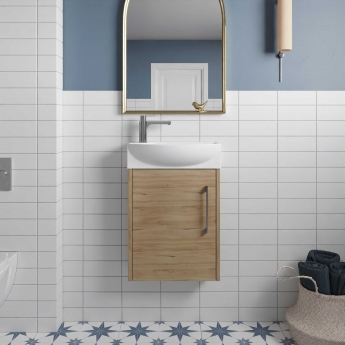 Hudson Reed Juno Compact RH Wall Hung Vanity Unit and Basin 440mm Wide - Autumn Oak