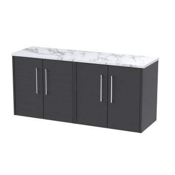 Hudson Reed Juno Wall Hung 4-Door Vanity Unit with Carrera Marble Worktop 1200mm Wide - Graphite Grey Woodgrain | Product Image