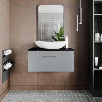 Hudson Reed Juno Wall Hung 1-Drawer Vanity Unit with Sparkling Black Worktop 800mm Wide - Coastal Grey
