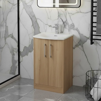 Hudson Reed Juno Floor Standing 2-Door Vanity Unit with Basin 4 500mm Wide - Autumn Oak