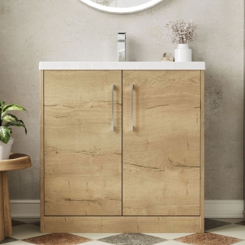 Hudson Reed Juno Floor Standing 2-Door Vanity Unit with Basin 1 800mm Wide - Autumn Oak | Product Image