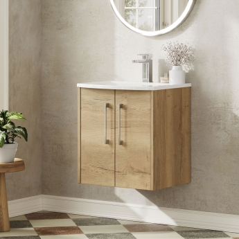 Hudson Reed Juno Wall Hung 2-Door Vanity Unit with Basin 4 500mm Wide - Autumn Oak | Product Image