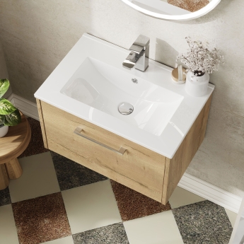 Hudson Reed Juno Wall Hung 1-Drawer Vanity Unit with Basin 2 600mm Wide - Autumn Oak | Product Image