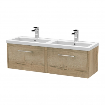 Hudson Reed Juno Wall Hung 2-Drawer Vanity Unit with Double Polymarble Basin 1200mm Wide - Autumn Oak