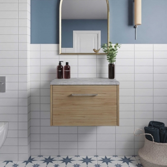Hudson Reed Juno Wall Hung 1-Drawer Vanity Unit with Bellato Grey Worktop 600mm Wide - Autumn Oak