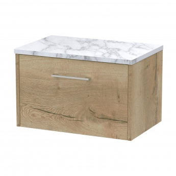 Hudson Reed Juno Wall Hung 1-Drawer Vanity Unit with Carrera Marble Worktop 600mm Wide - Autumn Oak | Product Image