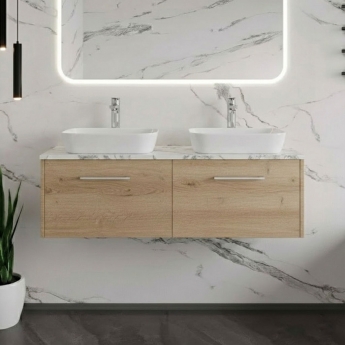Hudson Reed Juno Wall Hung 2-Drawer Vanity Unit with Carrera Marble Worktop 1200mm Wide - Autumn Oak | Product Image