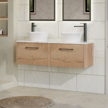 Hudson Reed Juno Wall Hung 2-Drawer Vanity Unit with Carrara Marble Worktop 1200mm Wide - Autumn Oak | Product Image