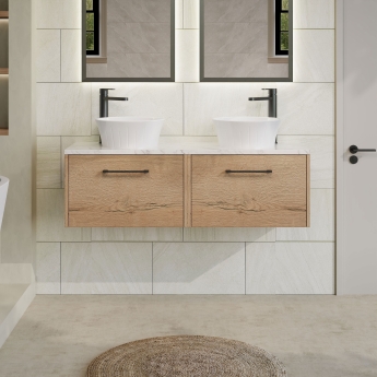 Hudson Reed Juno Wall Hung 2-Drawer Vanity Unit with Carrara Marble Worktop 1200mm Wide - Autumn Oak | Product Image