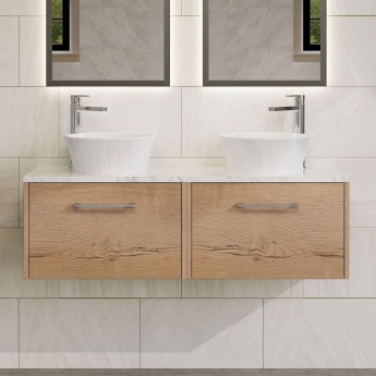 Hudson Reed Juno Wall Hung 2-Drawer Vanity Unit with Carrara Marble Worktop 1200mm Wide - Autumn Oak | Product Image
