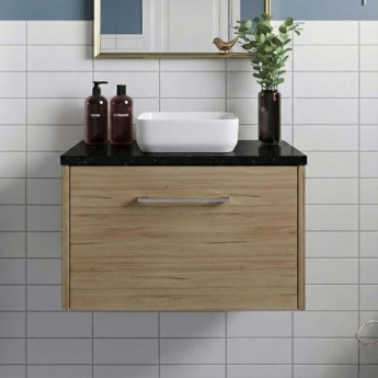 Hudson Reed Juno Wall Hung 1-Drawer Vanity Unit with Sparkling Black Worktop 600mm Wide - Autumn Oak