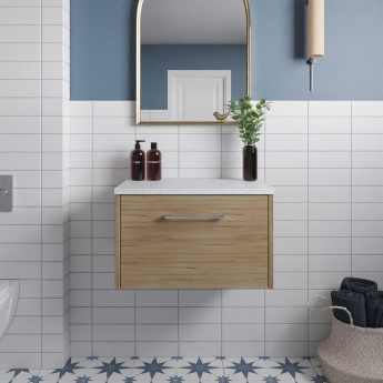 Hudson Reed Juno Wall Hung 1-Drawer Vanity Unit with Sparkling White Worktop 600mm Wide - Autumn Oak