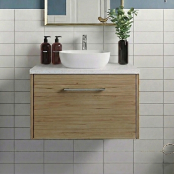 Hudson Reed Juno Wall Hung 1-Drawer Vanity Unit with Sparkling White Worktop 600mm Wide - Autumn Oak