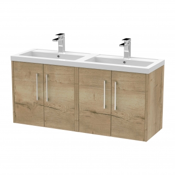 Hudson Reed Juno Wall Hung 4-Door Vanity Unit with Double Polymarble Basin 1200mm Wide - Autumn Oak