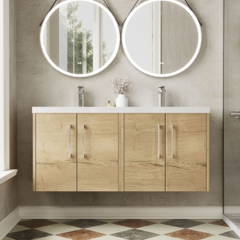 Hudson Reed Juno Wall Hung 4-Door Vanity Unit with Double Polymarble Basin 1200mm Wide - Autumn Oak | Product Image