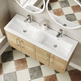 Hudson Reed Juno Wall Hung 4-Door Vanity Unit with Double Ceramic Basin 1200mm Wide - Autumn Oak | Product Image
