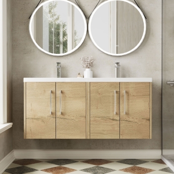 Hudson Reed Juno Wall Hung 4-Door Vanity Unit with Double Ceramic Basin 1200mm Wide - Autumn Oak | Product Image