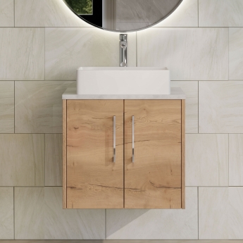 Hudson Reed Juno Wall Hung 2-Door Vanity Unit with Bellato Grey Worktop 600mm Wide - Autumn Oak | Product Image