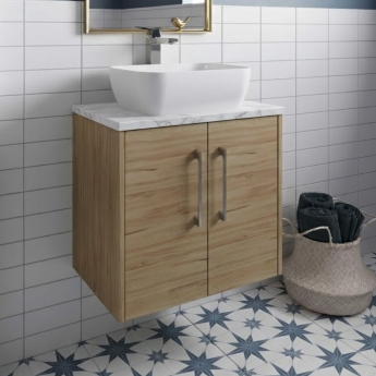 Hudson Reed Juno Wall Hung 2-Door Vanity Unit with Carrera Marble Worktop 600mm Wide - Autumn Oak | Product Image