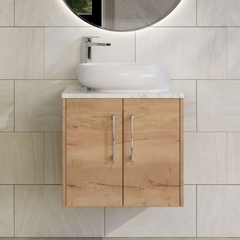 Hudson Reed Juno Wall Hung 2-Door Vanity Unit with Carrara Marble Worktop 600mm Wide - Autumn Oak | Product Image