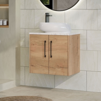 Hudson Reed Juno Wall Hung 2-Door Vanity Unit with Carrara Marble Worktop 600mm Wide - Autumn Oak | Product Image