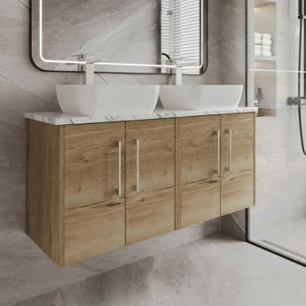 Hudson Reed Juno Wall Hung 4-Door Vanity Unit with Carrera Marble Worktop 1200mm Wide - Autumn Oak | Product Image