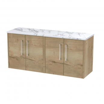 Hudson Reed Juno Wall Hung 4-Door Vanity Unit with Carrera Marble Worktop 1200mm Wide - Autumn Oak | Product Image