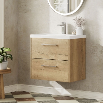 Hudson Reed Juno Wall Hung 2-Drawer Vanity Unit with Basin 1 600mm Wide - Autumn Oak | Product Image