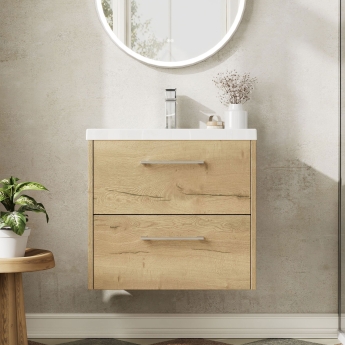 Hudson Reed Juno Wall Hung 2-Drawer Vanity Unit with Basin 1 600mm Wide - Autumn Oak | Product Image