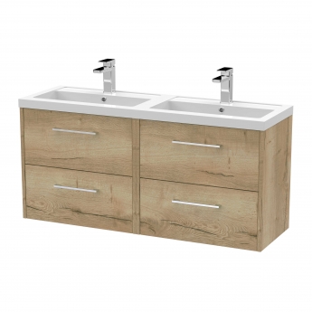 Hudson Reed Juno Wall Hung 4-Drawer Vanity Unit with Double Polymarble Basin 1200mm Wide - Autumn Oak