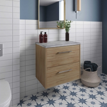 Hudson Reed Juno Wall Hung 2-Drawer Vanity Unit with Bellato Grey Worktop 600mm Wide - Autumn Oak
