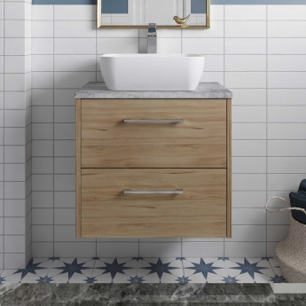 Hudson Reed Juno Wall Hung 2-Drawer Vanity Unit with Bellato Grey Worktop 600mm Wide - Autumn Oak