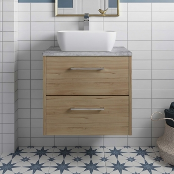 Hudson Reed Juno Wall Hung 2-Drawer Vanity Unit with Bellato Grey Worktop 600mm Wide - Autumn Oak | Product Image