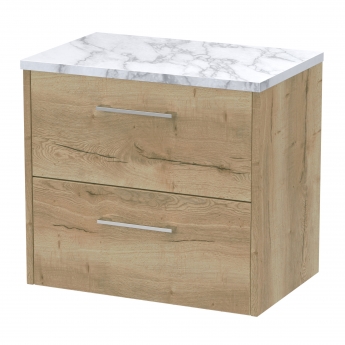 Hudson Reed Juno Wall Hung 2-Drawer Vanity Unit with Carrera Marble Worktop 600mm Wide - Autumn Oak | Product Image
