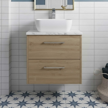 Hudson Reed Juno Wall Hung 2-Drawer Vanity Unit with Carrera Marble Worktop 600mm Wide - Autumn Oak | Product Image
