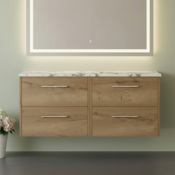 Hudson Reed Juno Wall Hung 4-Drawer Vanity Unit with Carrera Marble Worktop 1200mm Wide - Autumn Oak | Product Image