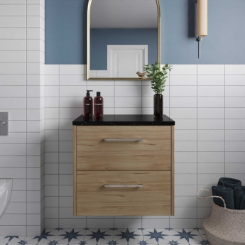 Hudson Reed Juno Wall Hung 2-Drawer Vanity Unit with Sparkling Black Worktop 600mm Wide - Autumn Oak