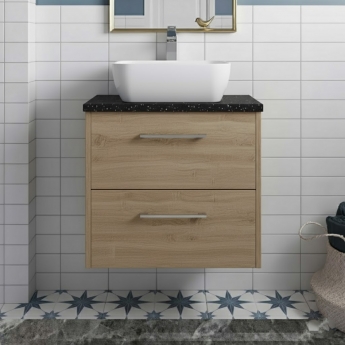Hudson Reed Juno Wall Hung 2-Drawer Vanity Unit with Sparkling Black Worktop 600mm Wide - Autumn Oak
