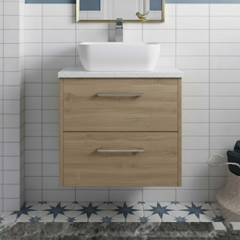 Hudson Reed Juno Wall Hung 2-Drawer Vanity Unit with Sparkling White Worktop 600mm Wide - Autumn Oak