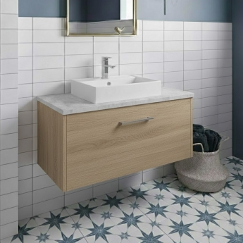 Hudson Reed Juno Wall Hung 1-Drawer Vanity Unit with Bellato Grey Worktop 800mm Wide - Autumn Oak